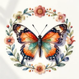 beautiful watercolor intricate colorful drawing of a butterfly, surrounded by decorative flowers, vines, pretty, floral wreath :: top down view