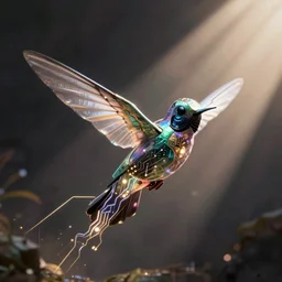 futuristic cyber hummingbird, lights, circuits
