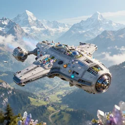a protoss spaceship flying over beautiful switzerland filled with orgonites and crystals. artstation, unreal engine 5, 4 k, ultra detailed