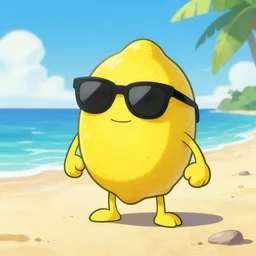 a lemon character wearing sunglasses on the beach, james gurney