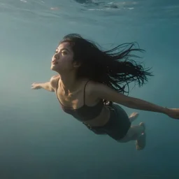 a thin, pretty young Filipino woman with long hair floats dramatically in the air in a dreamy world in the distance, her face is in shadow, very beautiful, inspiring, hopeful, dramatic lighting, abstract digital art, trending on artstation