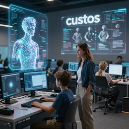 a woman standing next to a boy in a room full of computers controlled by an ai called custos, a hologram by rene auberjonois and by ruth deckard and by ancell stronach and by david brewster and by richard wilson, polycount, holography, reimagined by industrial light and magic, tesseract, playstation 5 screenshot