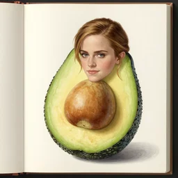 a page from codex seraphinianus about a fusion of emma watson with avocado