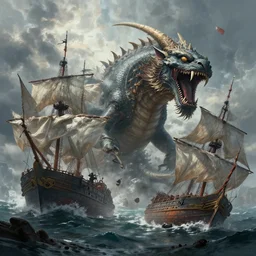 the great leviathan destroying the ships , digital Art, Greg rutkowski, Trending artstation,cinematic