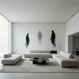 futuristic minimalist living room, floating black spirits, surreal, coherent composition, architecturally accurate, architecture photography, 8 k