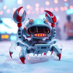 chibi crab robot design made of ice, djing at a party, octane render
