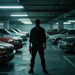 blade runner movie still of a silhouetted yakuza in an underground parking lot, many exotic cars, rack focus, close establishing shot, monochromatic teal, dark teal lighting, soft dramatic lighting, 4 k digital camera