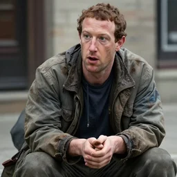 mark zuckerberg as a dirty decrepit homeless man begging for money, 4 k ultra high detailed
