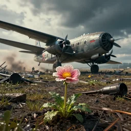 a flower growing in battlefield 4 with a lockheed hc - 1 3 0 by simon stalenhag and robbert sammelin and eric persson, 4 k, hd wallpaper, hdr, tonemapping, detailed, atmospheric, majestical lighting, saturated, wet