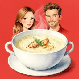 chicken soup, kseniia yeromenko, rob duenas, watercolor, illustration, red background, highly detailed