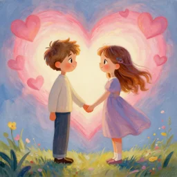a cute boy and a girl who are in love holding hands with hearts in the background, fantasy world, painted by sylvain sarrailh, rhads, ferdinand knab, trending on artstation