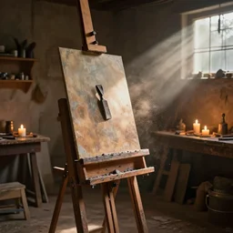 an insanely detailed realistic depiction of rustic artist's workshop, easel, ( ( ( ( chisel ) ) ), in the style of peter mohrbacher, artgerm, dramatic lighting and composition, photorealism, ( ( ( ( ( ( candles ) ) ) ) ) ), volumetric lights, ( ( ( ( ( some dust in the rays of lights ) ) )