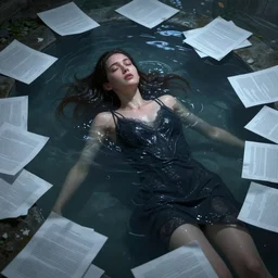woman drowns in messy paperwork, unreal engine, dichromatism, hard lighting