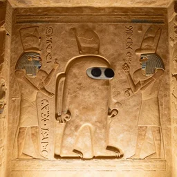 a crewmate character from among us carved out in an ancient egyptian tomb in the valley of kings, wall decoration in a burial chamber, photographed with canon eos r 3, f / 1. 4, iso 2 0 0, 1 / 1 6 0 s, 8 k, raw, unedited, symmetrical balance, in - frame