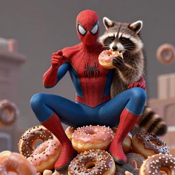 spider - man sit on top of raccoon and eating donuts, action eating scene with donuts, concept art, trending on artstation, highly detailed, intricate, sharp focus, digital art, 8 k
