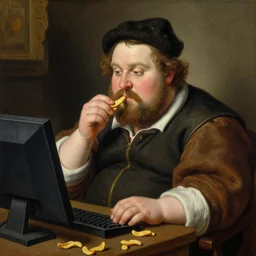 a fat nerd sits at a computer eating cheetos, renaissance painting, oil on canvas, highly detailed, masterpiece