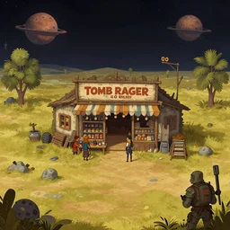 in front of a general store in a remote outpost, on an alien planet, from a space themed point and click 2 d graphic adventure game, set design inspired slightly by hg giger and [ [ tomb raider ] ], art inspired by thomas kinkade and greg rutkowski
