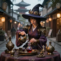 steampunk witch making potions in the streets of japan, fairy tale, stunning, surrounding cinematic light, hyper detailed, ornate and intricate, 4 k cinematic octane render