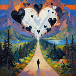 a collision of exploding black hearts and white hearts in surreal form of an endless lonely long and winding path through a fantasy forested mountains and lakes landscape, vivid vibrant geometric art nouveau. trending on pixiv and artstation. an absurdly detailed oil painting