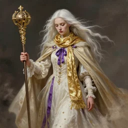 a wizard with long light white hair and a gold scarf, windy, cape, purple ribbons, stars, melancholic, modern maximalist fashion dress, is ( ( holding a staff ) ). light dust, magnificent, hyperdetailed, theatrical, painted by jean honore fragonard and greg rutkowski