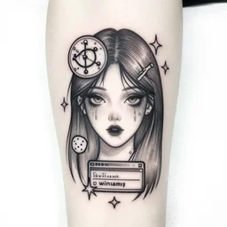 “a beautiful tattoo design with a vaporwave theme featuring a ghostly female face, an alchemical symbol, winamp ui and tiny kawaii stars. fine line tattoo design with white background.”