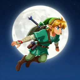 A beautiful drawing of Link from The legend of Zelda Majoras Mask flying in front of the bright moon during the night, 4k digital art, artstation, trending