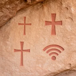 4 k photography of petroglyphs representing crosses, ufo, wifi symbol on a cave