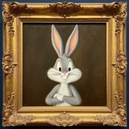renaissance oil painting of bugs bunny, intricately detailed golden frame