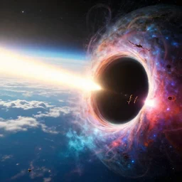 view of a black hole swallowing a star as seen from space, by laurie greasley and andreas rocha and brian sum and makoto shinkai, rule of thirds, colorful and bright, clouds in the distance, unreal engine, cinematic lighting, volumetric lighting, featured on artstation
