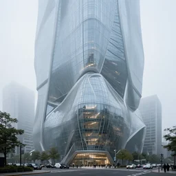breathtaking street view of a futuristic building made of glass, detailed parametric architecture, by vincent callebaut and zaha hadid and federico pelat, photorealistic, misty, volumetric lighting, 8 k