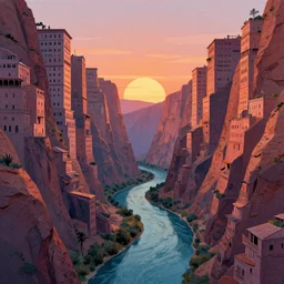 a surrealistic illustration of a canyon made of buildings with a river on the bottom, at sunset, colored, surreal