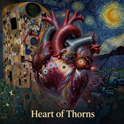 Heart of Thorns by Karol Bak, Jean Deville, Gustav Klimt, and Vincent Van Gogh, anatomical heart, anatomically-correct sacred heart, Surreality, otherworldly, infernal enigma, Helliquary, fractal structures, celestial, arcane, ornate gilded medieval icon, third eye, spirals, dramatic sharp thorns, rich deep moody colors