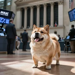 extremely fat dog commits securities fraud in plain sight at the Wall Street exchange trading floor
