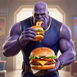 Thanos eating a Big Mac, full shot, f/22, 35mm, backlit