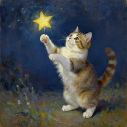 impressionist oil painting of a cat playing with a star