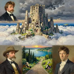 painting by sargent and leyendecker and greg hildebrandt, apollinaris vasnetsov, savrasov levitan polenov, studio ghibly style mononoke, huge old ruins, middle earth above the layered low clouds road between forests big lake wide river trees sunrise sea bay view faroe azores overcast storm masterpiece