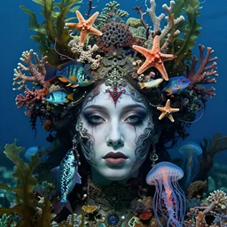 hyperrealistic detailed underwater face portrait of the beautiful goddess of the fish with an intricate headgear of corals, sea kelp, sea plants, fish, starfish, jellyfish, art by ernst haeckel, james jean, gothic, neo - gothic, ornamental, beautiful deep colours,