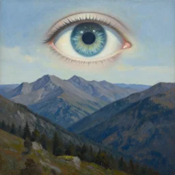 peter elson painting of a mountain scape, there is a giant eye in the sky
