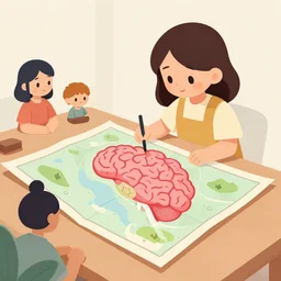 cute cartographer lady looking over a large paper map of human consciousness. the map is placed on a table. clean cel shaded vector art. shutterstock. behance hd by lois van baarle, artgerm, helen huang, by makoto shinkai and ilya kuvshinov, rossdraws, illustration