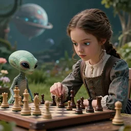 sharp, highly detailed, film from a 2 0 1 9 sci fi 8 k movie, set in 1 8 6 0, a girl playing chess against a cute humanoid alien, in the garden on an alien planet, wearing 1 8 6 0 s clothes, atmospheric lighting, in focus, reflective eyes, 3 5 mm macro lens, live action, nice composition