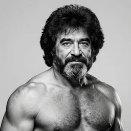 hyperdetalied portrait of muscular Bob Ross, black and white, photography studio, 8k, trending on artstation,