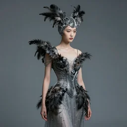 photo realistic woman figure dressed in futuristic dress, with a weird head piece on her head, made of wires, made of feathers, masterpiece, trending on flickr