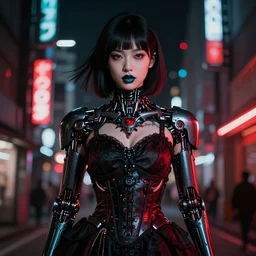 asian goth in shinjuku, dark dress, cyberpunk, fashion, biomech, red and turquoise lights, black - red - turquoise - lips, conceptart, highlights, symmetrical, portrait, pretty face, octane, unreal, realism