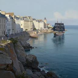 a coastal city perched on a cliff overlooking a magnificent bay. Its main street is lined with tall and graceful buildings that are mostly constructed from white brick or stone, giving them a dignified look. a massive sailing ship with black sails on the water. rugged rocks in foreground, water, calm waves, rocky seashore, ocean, calm weather, shoreline, wooden dock. Fantasy digital painting by Greg Rutkowski. Fantasy. Digital painting. Greg Rutkowski. Fantasy artwork.