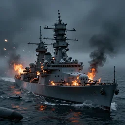 a naval battle far away with battleships and torpedoes in a foggy night with fire and bullet tracers flying and black smoke, octane render, hyper-realistic, 8k, 4k, insanely detailed intricate, high detail, high definition, photorealistic,