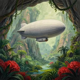 a beautiful pencil artwork of a large blimp hovering in a prehistoric jungle cave, mountains, vines, water, red shrubs, lush flora, volumetric lighting, haze, 8 k