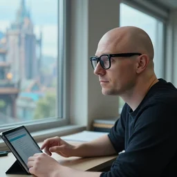 bald man with thick black glasses, blue eyes, medium close up portrait, sitting at desk, looking out window, using ipad, fantasy city outside window, adjacent window, greg rutkowski, lofi, profile view