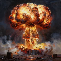 grim oil painting of a huge nuclear explosion with toxic waste, octane rendering, trending on artstation, thomas kinkade and james gurney