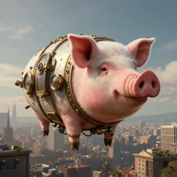a pig-blimp, pig head, steampunk, digital art, extremely detailed, flying over a city, greg rutkowski, cinematic