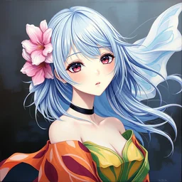 masterpiece oil painting, full body artwork, anime girl with beautiful features, beautiful modern elegantly dressed anime girl, flowing colourful elegant clothes, full body, highly detailed face, detailed eyes, heterochromia, alphonse white datura, range murata, 8 k, oil painting